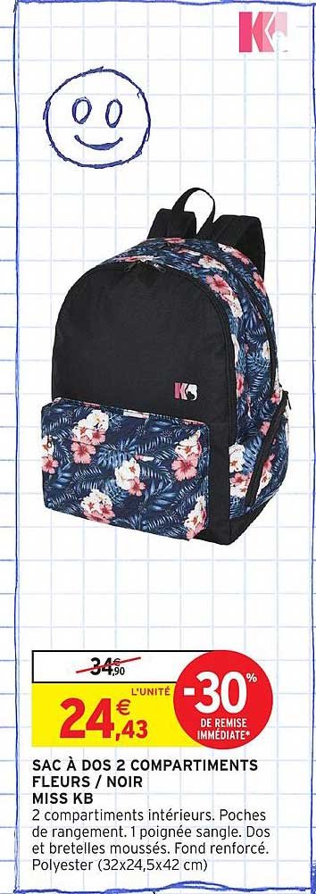 SAC À DOS 2 COMPARTIMENTS FLEURS / NOIR MISS KB