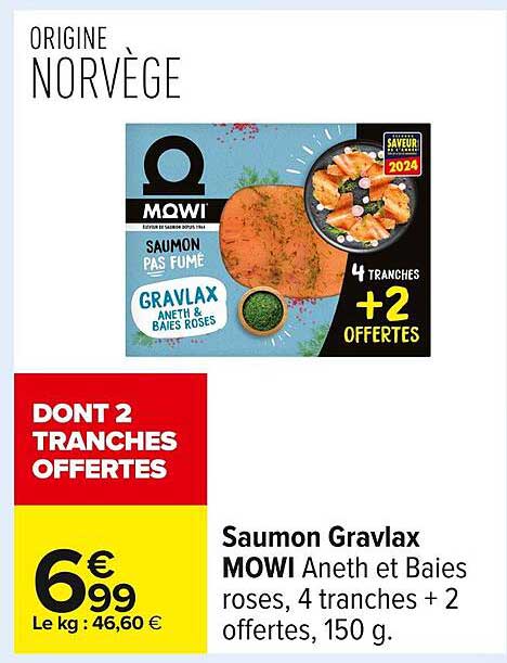 Saumon Gravlax MOWI Aneth et Baies Roses, 4 tranches + 2 offertes