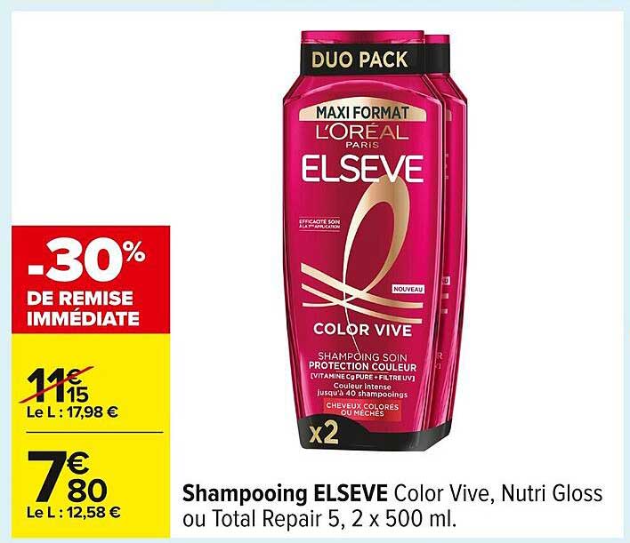 Shampoing ELSEVE Color Vive, Nutri Gloss ou Total Repair 5, 2 x 500 ml.