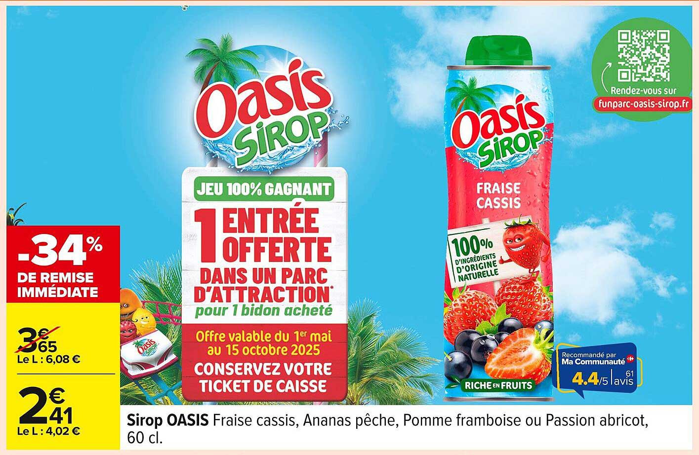 Sirop OASIS Fraise cassis, Ananas pêche, Pomme framboise ou Passion abricot, 60 cl