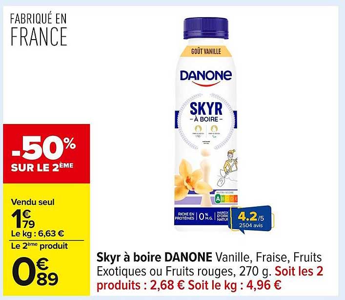 Skyr à boire DANONE Vanille, Fraise, Fruits Exotiques ou Fruits rouges, 270 g