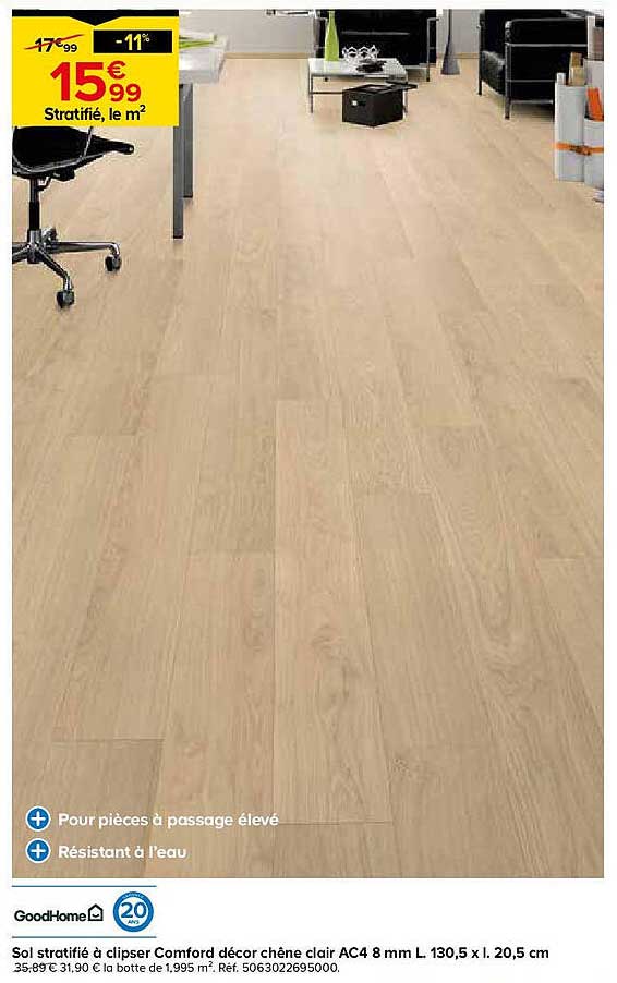 Sol stratifié à clipser Comford décor chêne clair AC4 8 mm