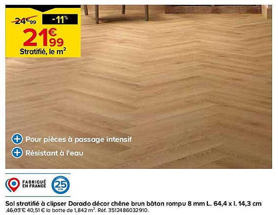 Sol stratifié à clipser Dorado décor chêne brun bâton rompu 8 mm L. 64,4 x l. 14,3 cm