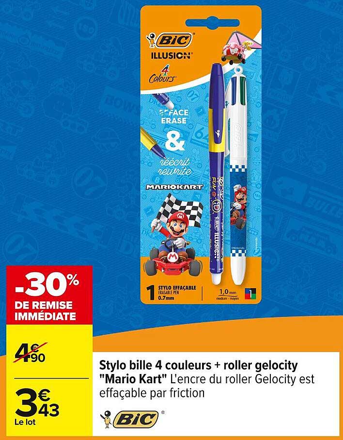 Stylo bille 4 couleurs + roller gelocity "Mario Kart" L'encre du roller Gelocity est effaçable par friction