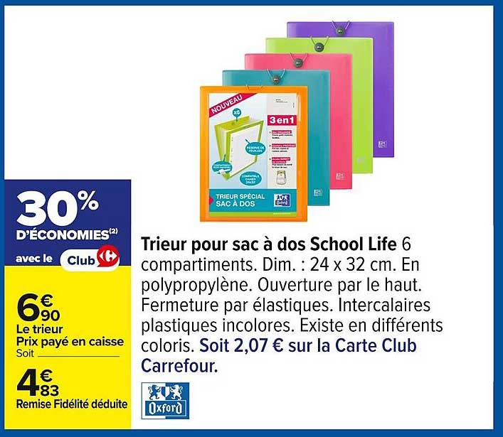 Trieur pour sac à dos School Life 6 compartiments.