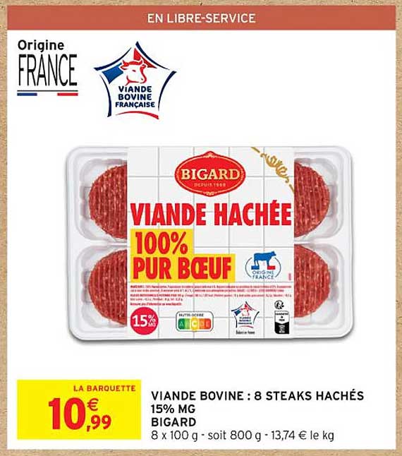 VIANDE BOVINE : 8 STEAKS HACHÉS 15% MG BIGARD