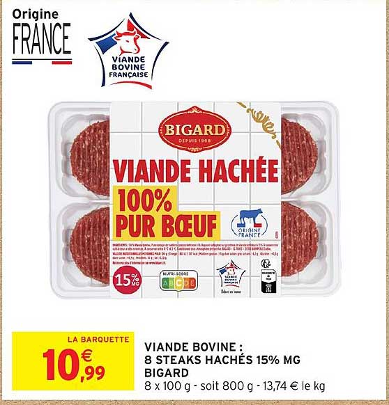 VIANDE BOVINE : 8 STEAKS HACHÉS 15% MG BIGARD
