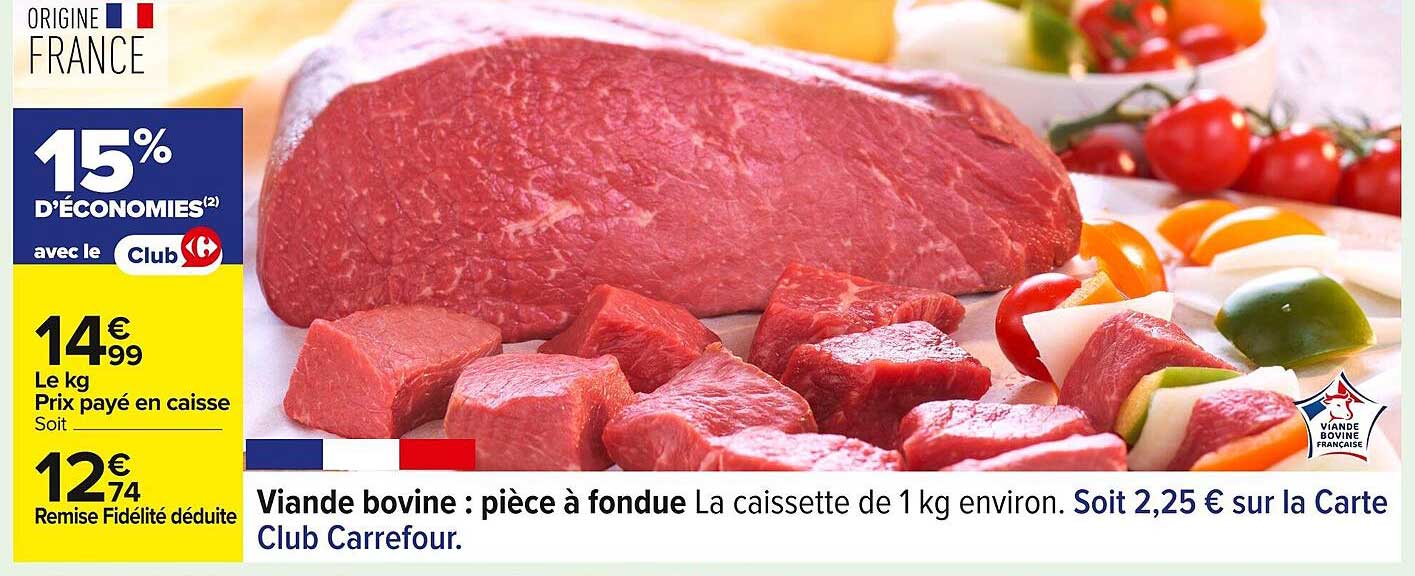 Viande bovine : pièce à fondue La caisssette de 1 kg environ