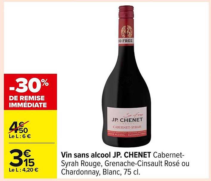 Vin sans alcool JP. CHENET Cabernet-Syrah Rouge, Grenache-Cinsault Rosé ou Chardonnay, Blanc, 75 cl.