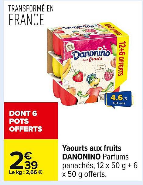 Yaourts aux fruits DANONINO Parfums panachés, 12 x 50 g + 6 x 50 g offerts