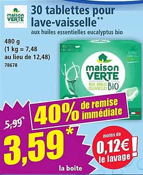30 tablettes pour lave-vaisselle aux huiles essentielles eucalyptus bio