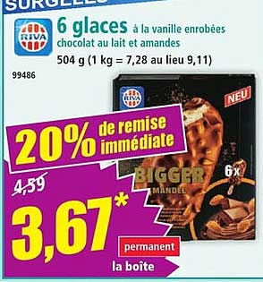 6 glaces à la vanille enrobées chocolat au lait et amandes