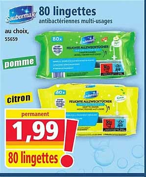 80 lingettes antibactériennes multi-usages