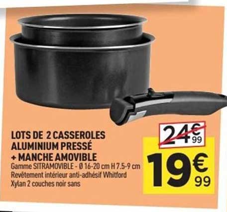 LOTS DE 2 CASSEROLES ALUMINIUM PRESSE + MANCHE AMOVIBLE