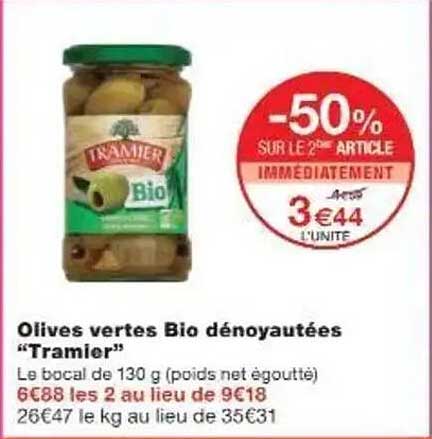 Olives vertes Bio dénoyautées “Tramier”