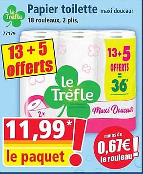 Papier toilette maxi douceur 18 rouleaux, 2 plis
