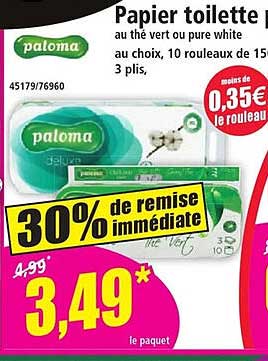 Papier toilette Paloma au thé vert ou pure white