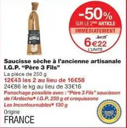 Saucisse sèche à l’ancienne artisanale I.G.P. "Père 3 Fils"