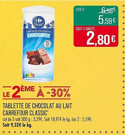 TABLETTE DE CHOCOLAT AU LAIT CARREFOUR CLASSIC’