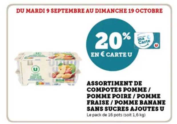Assortiment de compotes pomme / pomme poire / pomme fraise / pomme banane sans sucres ajoutés U