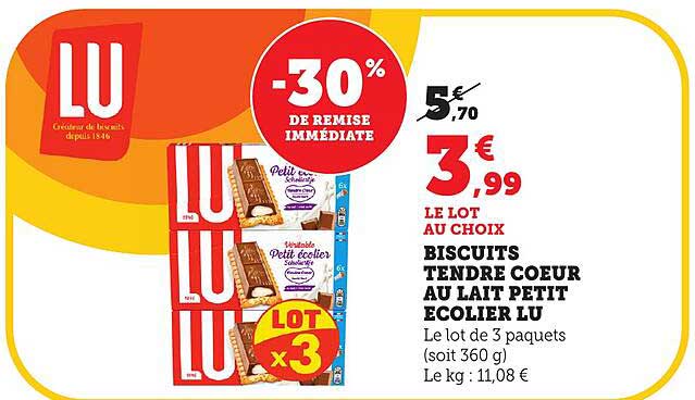 BISCUITS TENDRE COEUR AU LAIT PETIT ECOLIER LU
