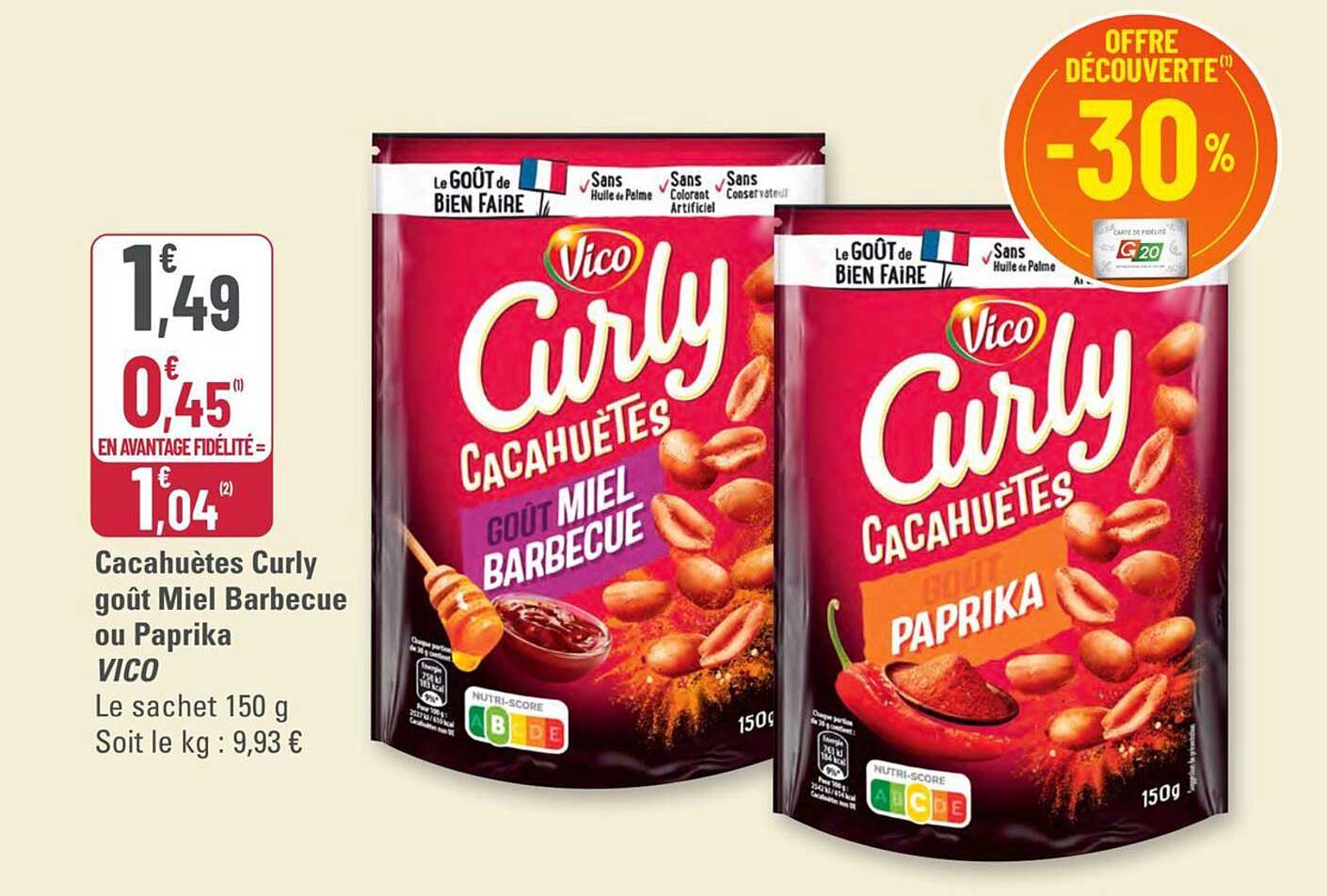 Cacahuètes Curly goût Miel Barbecue ou Paprika VICO