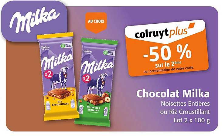 Chocolat Milka Noisettes Entières ou Riz Croustillant Lot 2 x 100 g