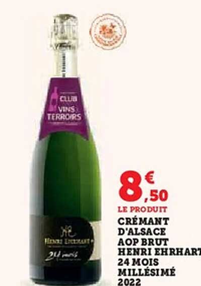 CRÉMANT D'ALSACE AOP BRUT HENRI EHRHART 24 MOIS MILLÉSIMÉ 2022