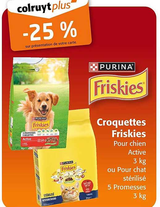 Croquettes Friskies Pour chien Active 3 kg ou Pour chat stérilisé 5 Promesses 3 kg