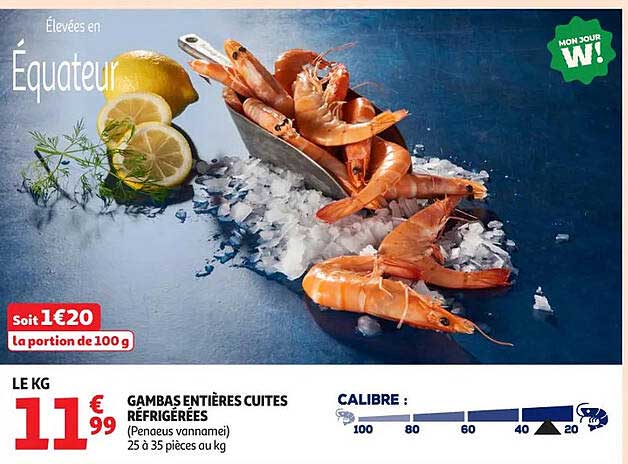 Gambas entières cuites réfrigérées