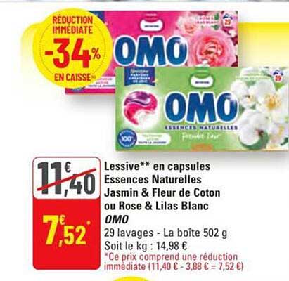 Lessive en capsules Essences Naturelles Jasmin & Fleur de Coton ou Rose & Lilas Blanc OMO