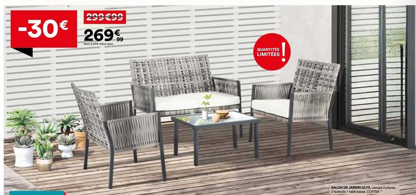 SALON DE JARDIN OLYS, canapé 2 places, 2 fauteuils + table basse