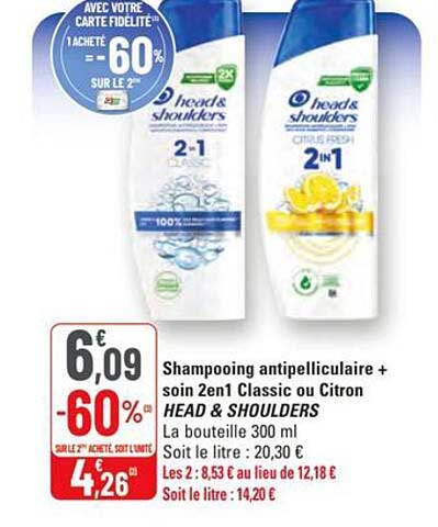 Shampooing antipelliculaire + soin 2en1 Classic ou Citron HEAD & SHOULDERS