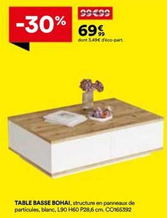 TABLE BASSE BOHAI, structure en panneaux de particules, blanc, L90 H60 P28,6 cm. CO165392