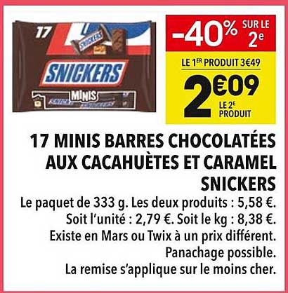 17 MINIS BARRES CHOCOLATÉES AUX CACAHUÈTES ET CARAMEL SNICKERS