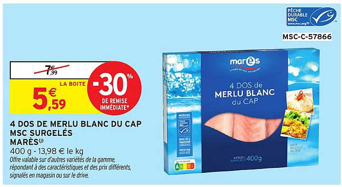 4 DOS DE MERLU BLANC DU CAP MSC SURGELÉS MARÈS