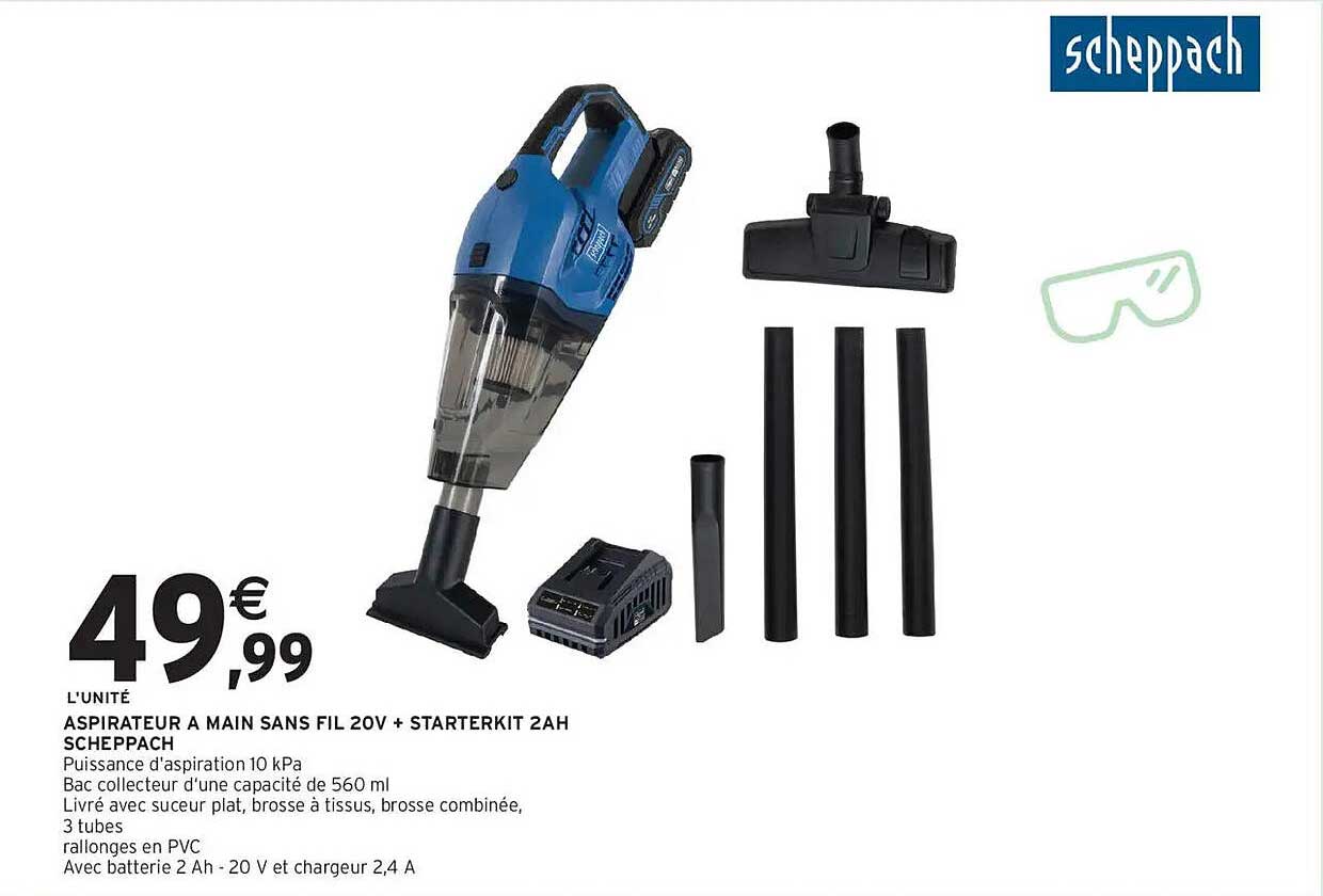 ASPIRATEUR A MAIN SANS FIL 20V + STARTERKIT 2AH SCHEPPACH