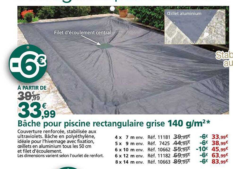 Bâche pour piscine rectangulaire grise 140 g/m²