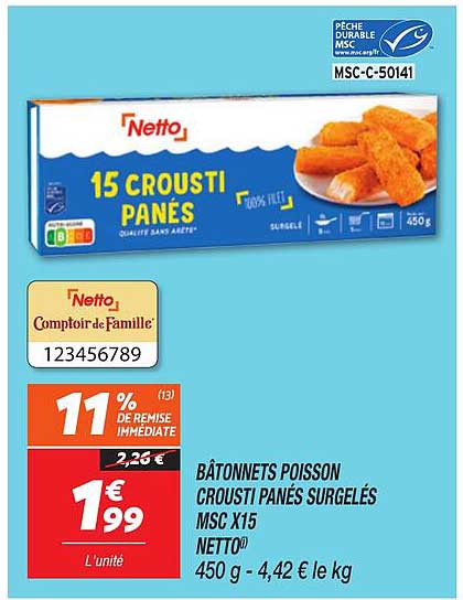 BÂTONNETS POISSON CROUSTI PANÉS SURGELÉS MSC X15