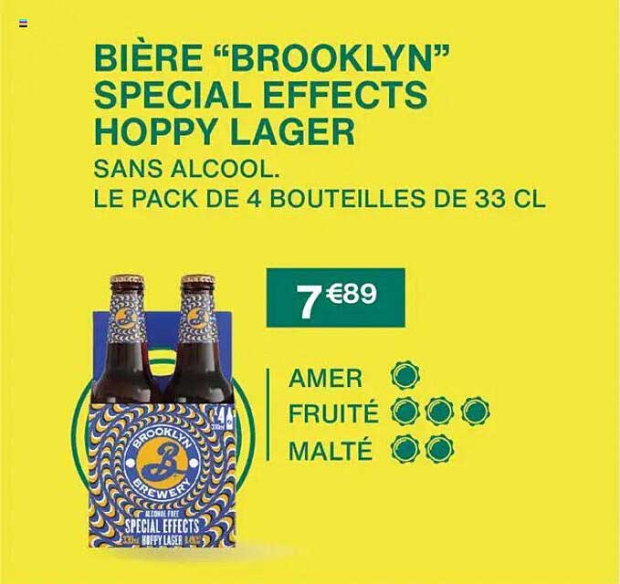 BIÈRE "BROOKLYN" SPECIAL EFFECTS HOPPY LAGER SANS ALCOOL. LE PACK DE 4 BOUTEILLES DE 33 CL