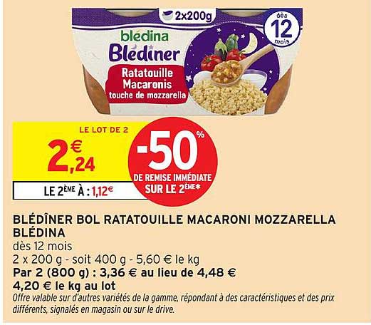 BLÉDÎNER BOL RATATOUILLE MACARONI MOZZARELLA BLÉDINA