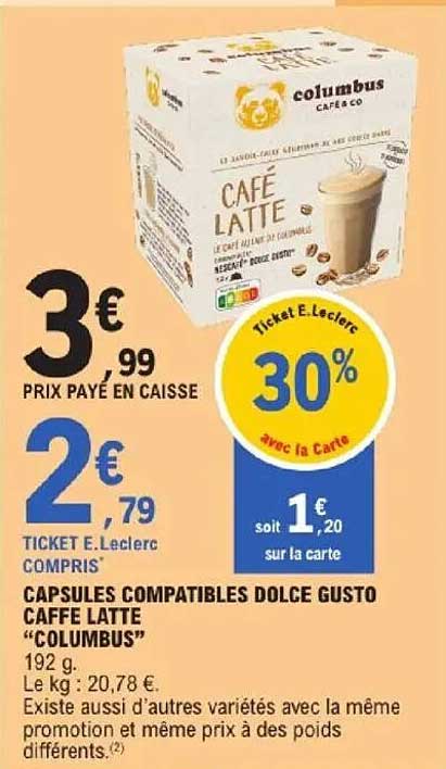 CAPSULES COMPATIBLES DOLCE GUSTO CAFFE LATTE "COLUMBUS"