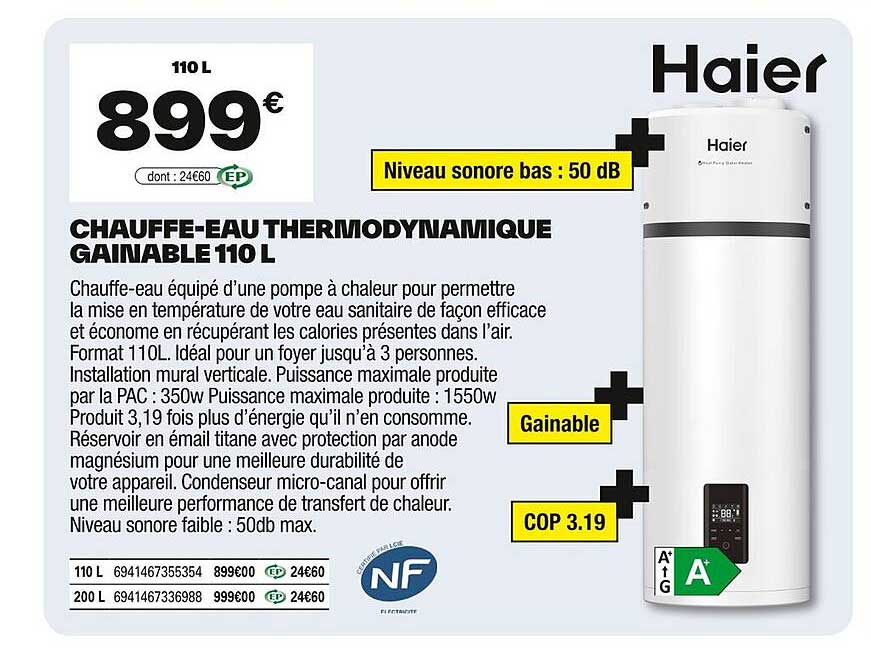 CHAUFFE-EAU THERMODYNAMIQUE GAINABLE 110 L