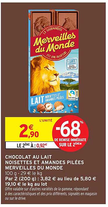 CHOCOLAT AU LAIT NOISETTES ET AMANDES PILÉES MERVEILLES DU MONDE
