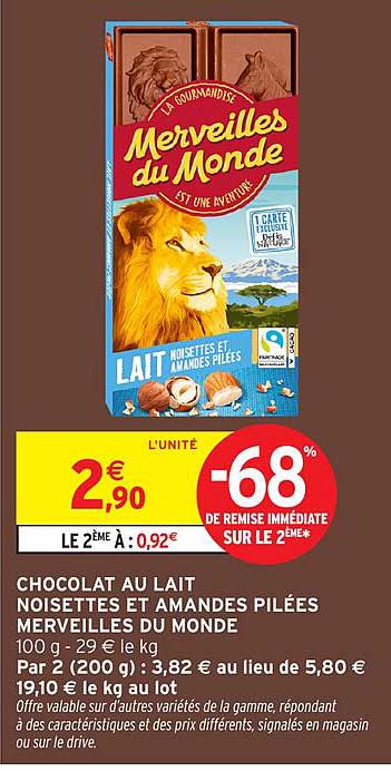 CHOCOLAT AU LAIT NOISETTES ET AMANDES PILÉES MERVEILLES DU MONDE