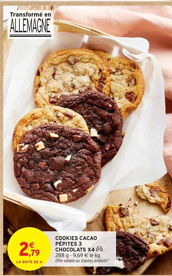 COOKIES CACAO PÉPITES 3 CHOCOLATS X4