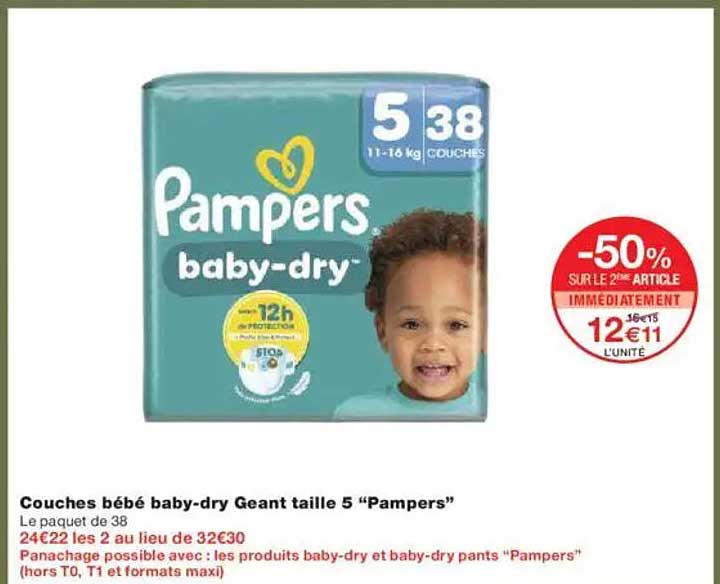 Couches bébé baby-dry Géant taille 5 "Pampers"