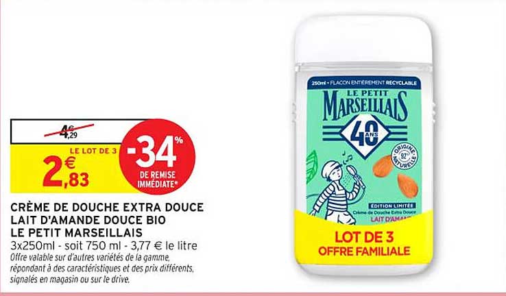 CRÈME DE DOUCHE EXTRA DOUCE LAIT D'AMANDE DOUCE BIO LE PETIT MARSEILLAIS
