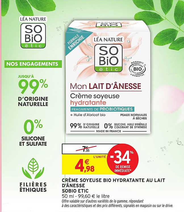 Crème soyeuse bio hydratante au lait d'ânesse Sobio etic