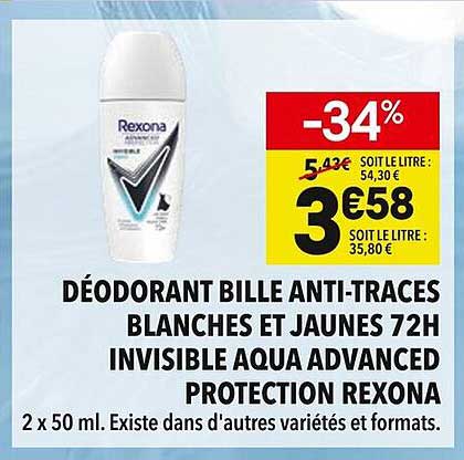 DÉODORANT BILLE ANTI-TRACES BLANCHES ET JAUNES 72H INVISIBLE AQUA ADVANCED PROTECTION REXONA